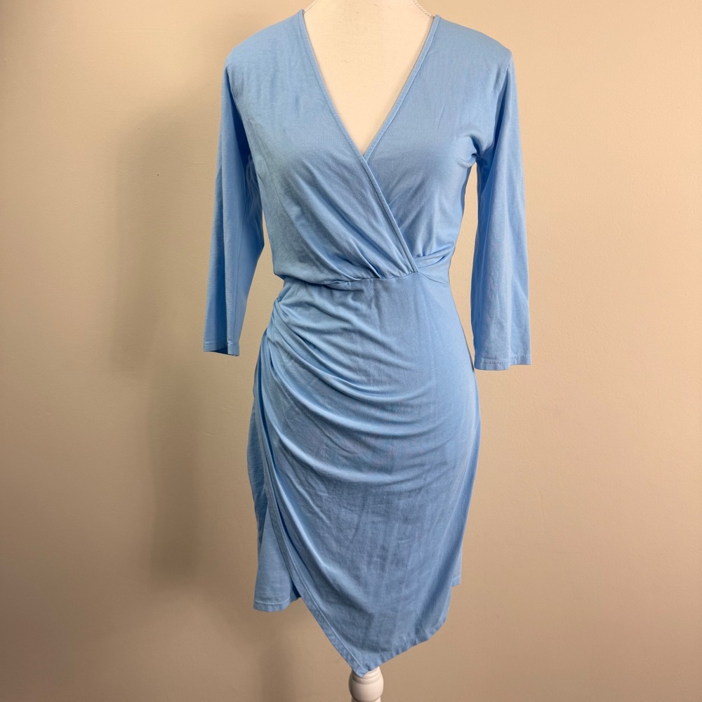 Bobi Los Angeles Womens Light Blue Ruched Faux Wrap V-Neck 3/4 Sleeve Dress Sml